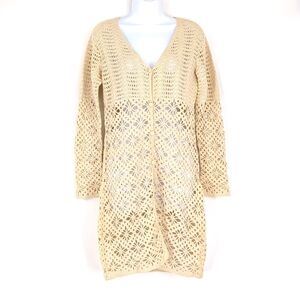 Vintage 80s Open Crochet Cardigan Sweater Dress Festival Boho Hippie Medium